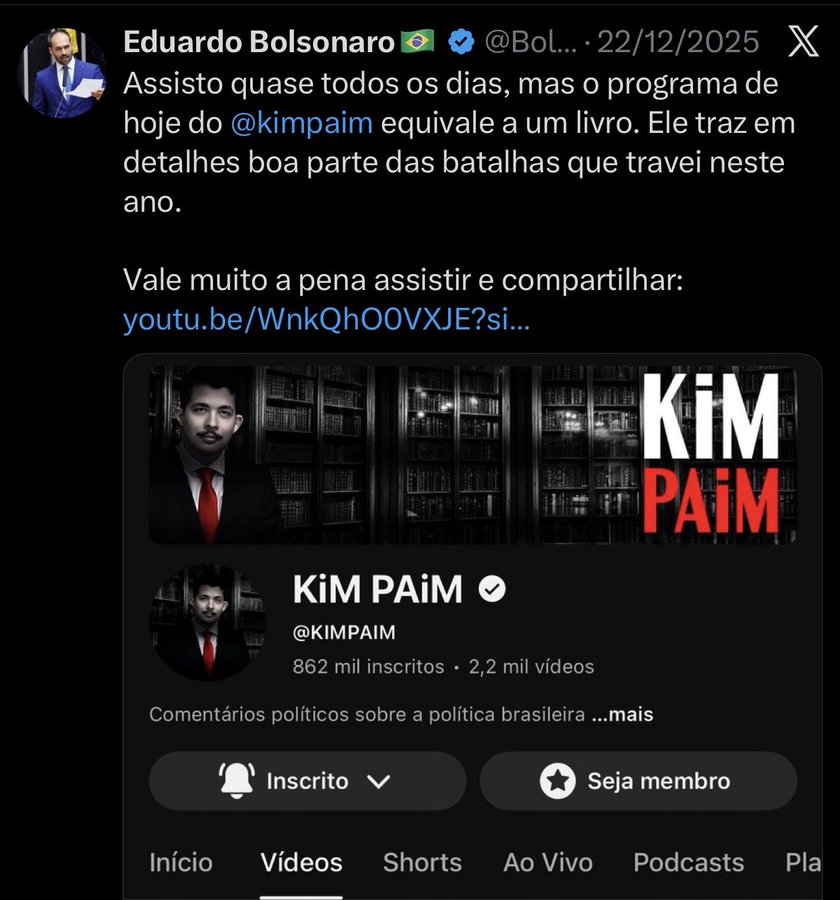 Eduardo e sua vaidade doentia.

Há algo de infantilmente trágico na postura de Eduardo Bolsonaro. Ele entrou em guerras retóricas como quem luta contra moinhos de vento, e perdeu quase todas. Perdeu narrativa, perdeu timing, perdeu relevância institucional. Restou o