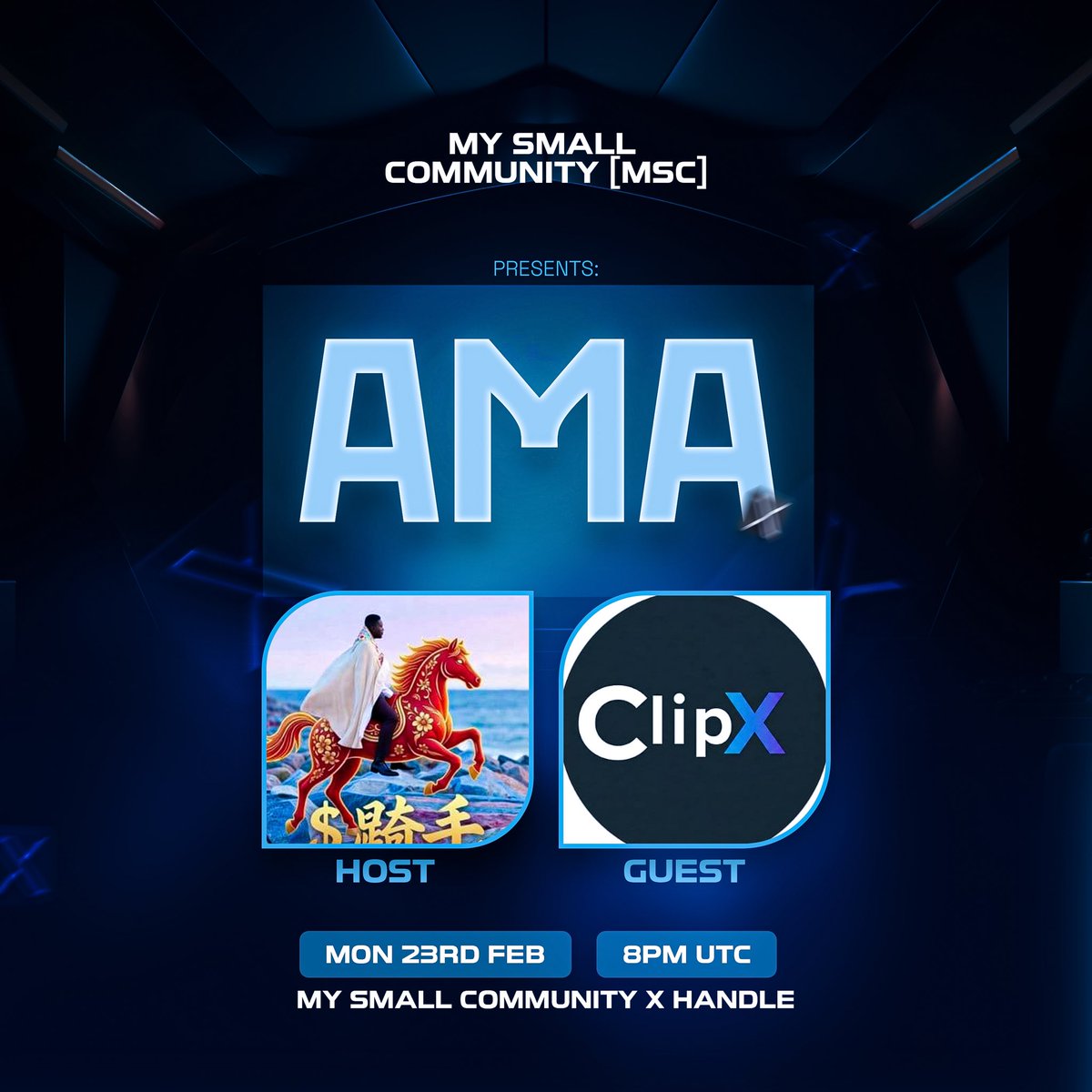 Are you ready?  <a href="/msccommunity1/">My Small Community (MSC)</a> and <a href="/ClipX0_/">ClipX</a>  tonight from 9pm (WAT) 

We will be finding out what <a href="/bnbcaptain/">Captain X 🔸</a> is building and how it’s going to revolutionize the space.