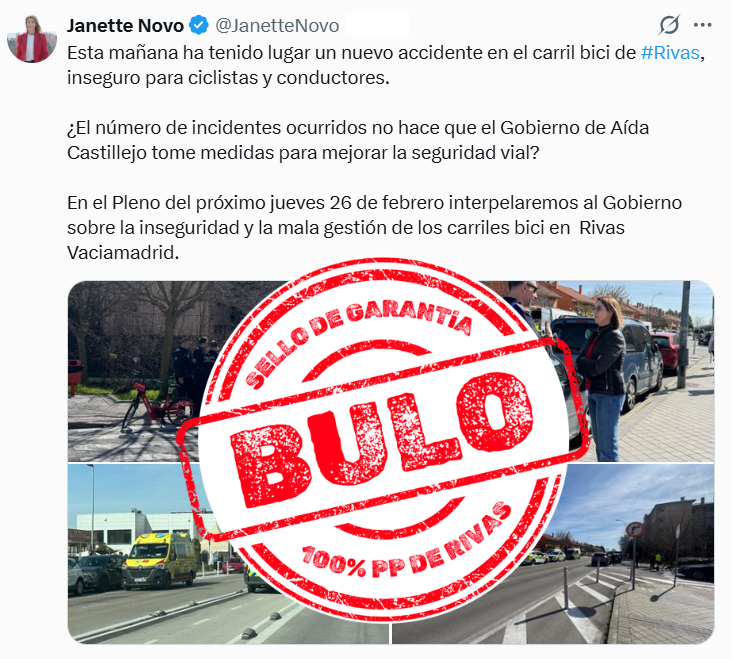 IU_EquoRivas's tweet photo. El accidente ocurrió en una calle sin carril bici y la portavoz del PP de Rivas lo sabe, pero prefiere mentir para arañar algo de rédito político. Es irresponsable y poco ético.

Los vecinos y vecinas de Rivas merecen una oposición seria y que no tome a la ciudadanía por tonta. https://t.co/xOfpCu6Qmr