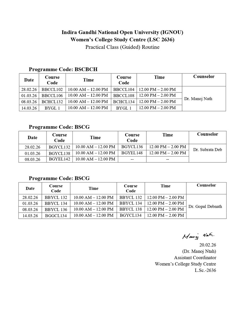 Practical Counselling Schedule of BSCBCH, BSCFBC, BSCG and BSCM  for Biochemistry, Geology, Geography and Botany TEPE December 2025 at LSC-2636