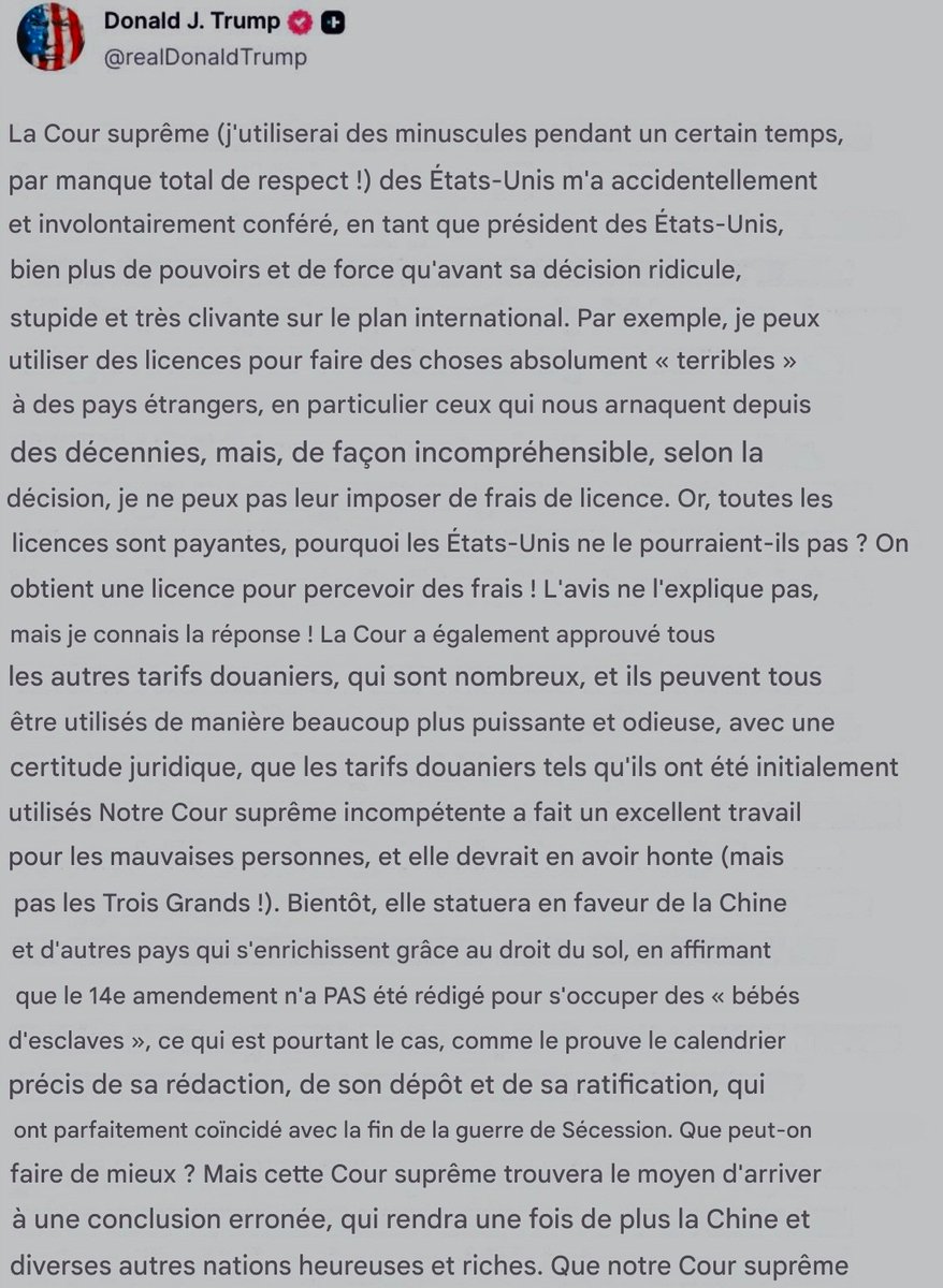 🚨🇺🇲 Le "génie stable" vient de nous faire une nouvelle crise de démence en direct sur Truth Social. Je vous régale d'une autopsie clinique du NAUFRAGE 😂 ⬇️ 

➡️ Niveau cour de récré : Le Président des USA annonce qu'il va écrire "cour suprême" en minuscules pour "manquer de
