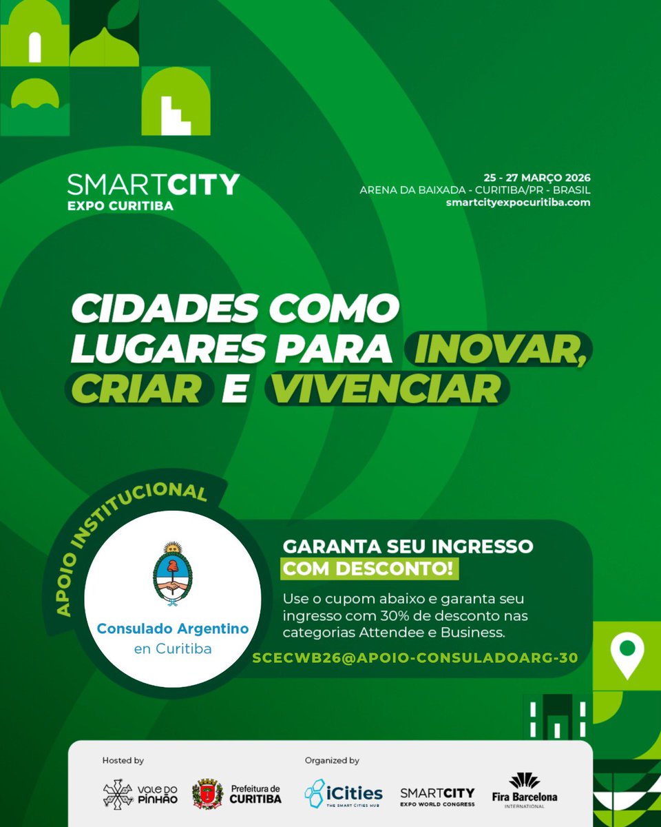 ARGenCuri's tweet photo. 🌎 Curitiba recebe a Smart City Expo Curitiba (25–27/03/2026) na Arena da Baixada.

🚀 O maior evento de cidades inteligentes das Américas.

O Consulado Argentino em Curitiba é apoio institucional e garante:

🎟️ 30% OFF (Attendee e Business)
Cupom: SCECWB26@APOIO-CONSULADOARG-30 https://t.co/VZIEr0JSup