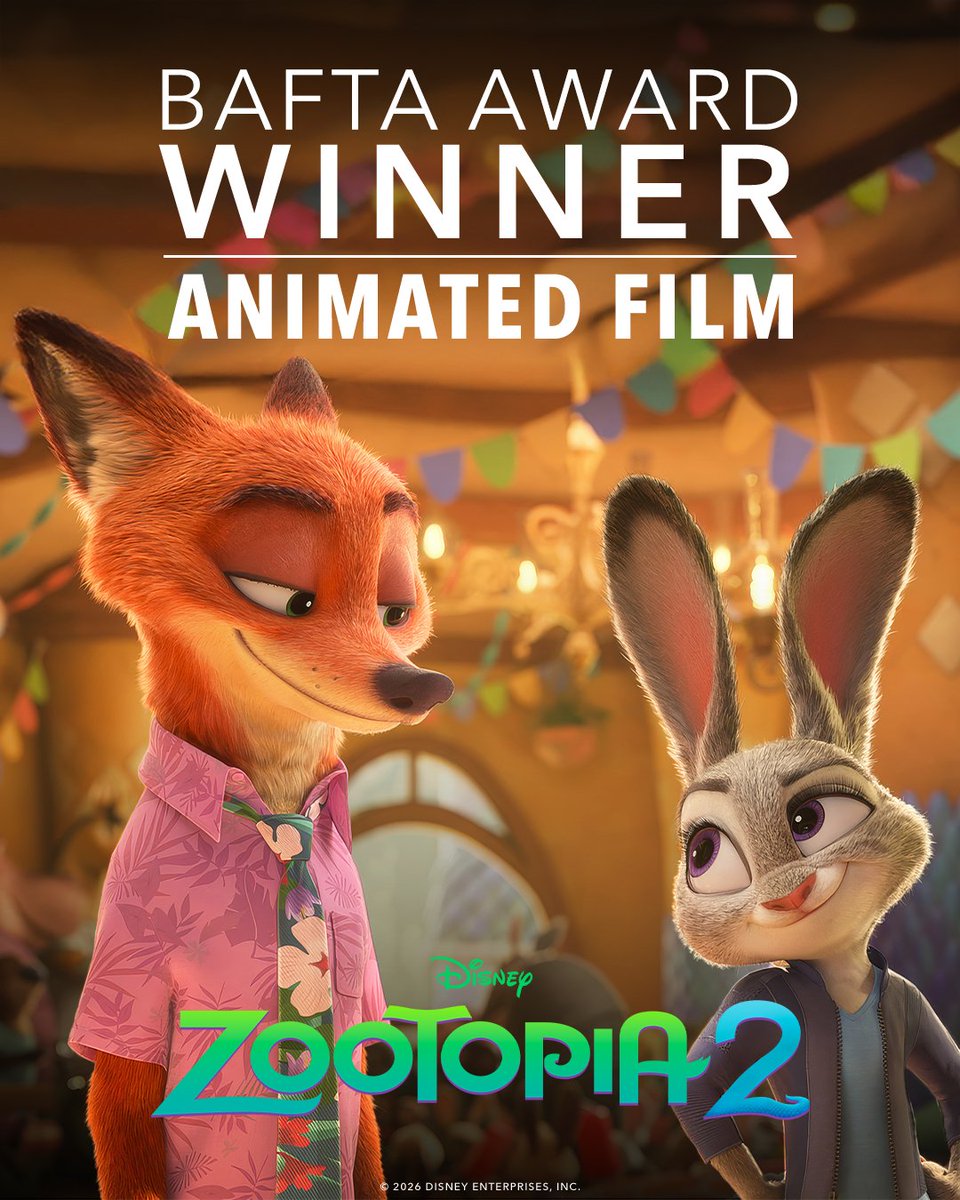 Congratulations to the cast and crew of Disney's #Zootopia2 on their BAFTA Film Awards win for Animated Film. #EEBAFTAs