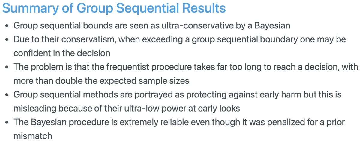 f2harrell's tweet image. Goal-Driven Flexible Bayesian Design presentation updated w/comparison of performance of frequentist group sequential designs: hbiostat.org/bayes/design . Frequentist approach takes far too long to make a decision by controlling something that is NOT an error prob. #Statistics #rct
