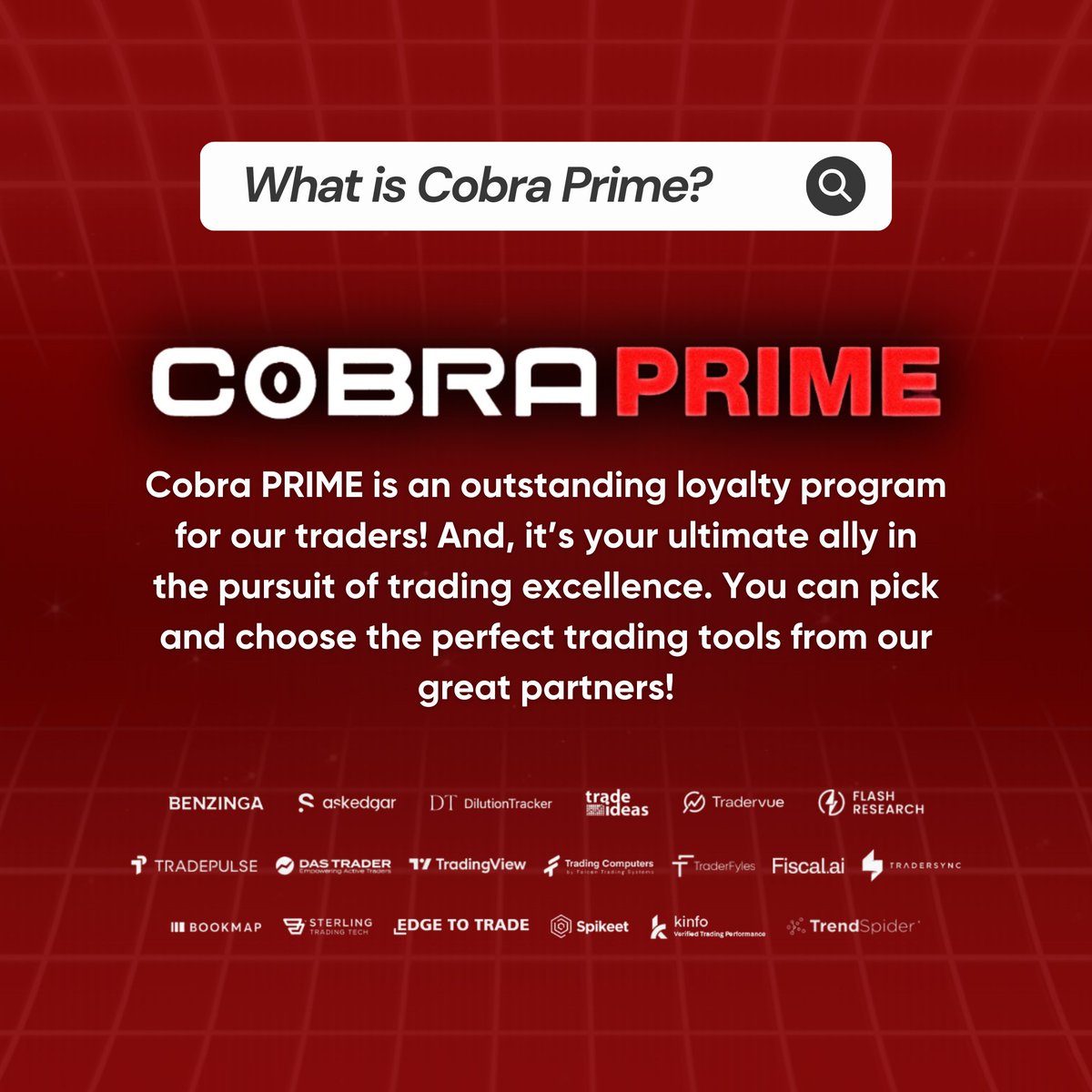 For clients meeting Cobra PRIME eligibility, we offer to cover the expenses of selected software tools…

From advanced analytics and charting tools to industry-leading trading platforms, Through strategic partnerships with leading businesses and software applications, we’ve