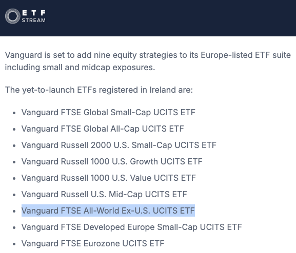CWRoehl's tweet photo. Wer aktiv ins Weltportfolio eingreifen und das US-Gewicht durch eine "ex US"-Beimischung reduzieren will, kann das demnächst auch zugunsten der ganzen Welt inkl. Emerging Markets tun – mit einem Vanguard FTSE All-World ex US #ETF.
Bislang gibt's den "ex US"-Ansatz ja hierzulande nur für den Industrieländer-Index MSCI World.