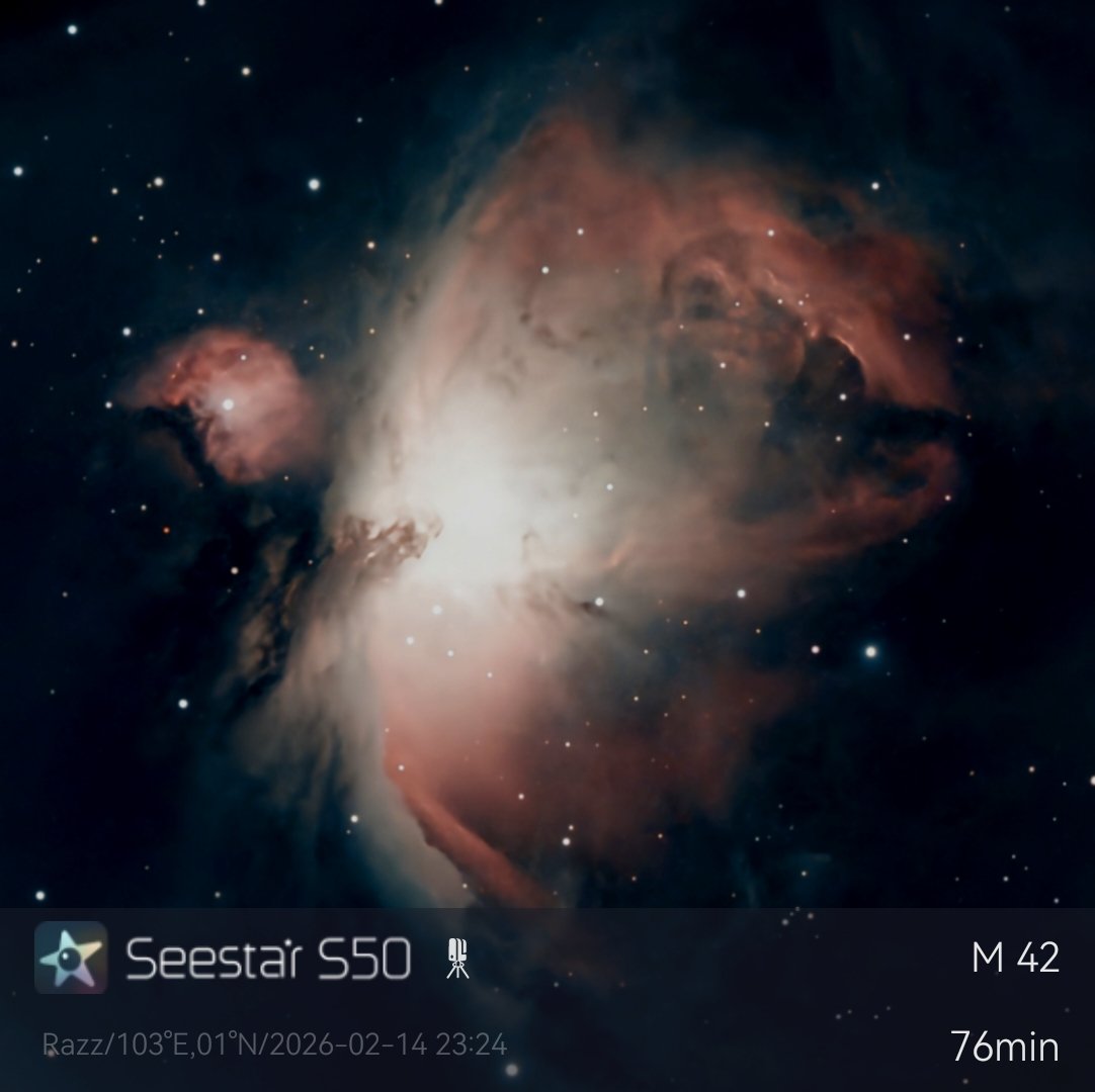 stnite48's tweet photo. M42 (Orion Nebula)
Details
Device:Seestar S50
Exposure Duration: 76min 
Date:14 Feb 2026
#astrophotography_ #seestars50 #seestarofficial #theorionnebula https://t.co/xAcZbqXkql