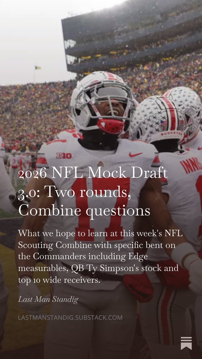 BenStandig's tweet photo. NFL mock draft 3.0 comes with two rounds and a bunch of questions entering this week's Scouting Combine. Edge measurables and rank order. Legit top 10 picks among WRs. Ty Simpson's stock impacts trade up/down market. There’s also a Commanders bonus pick.

https://t.co/Poob7jyXs0 https://t.co/nmgsfpiiVN
