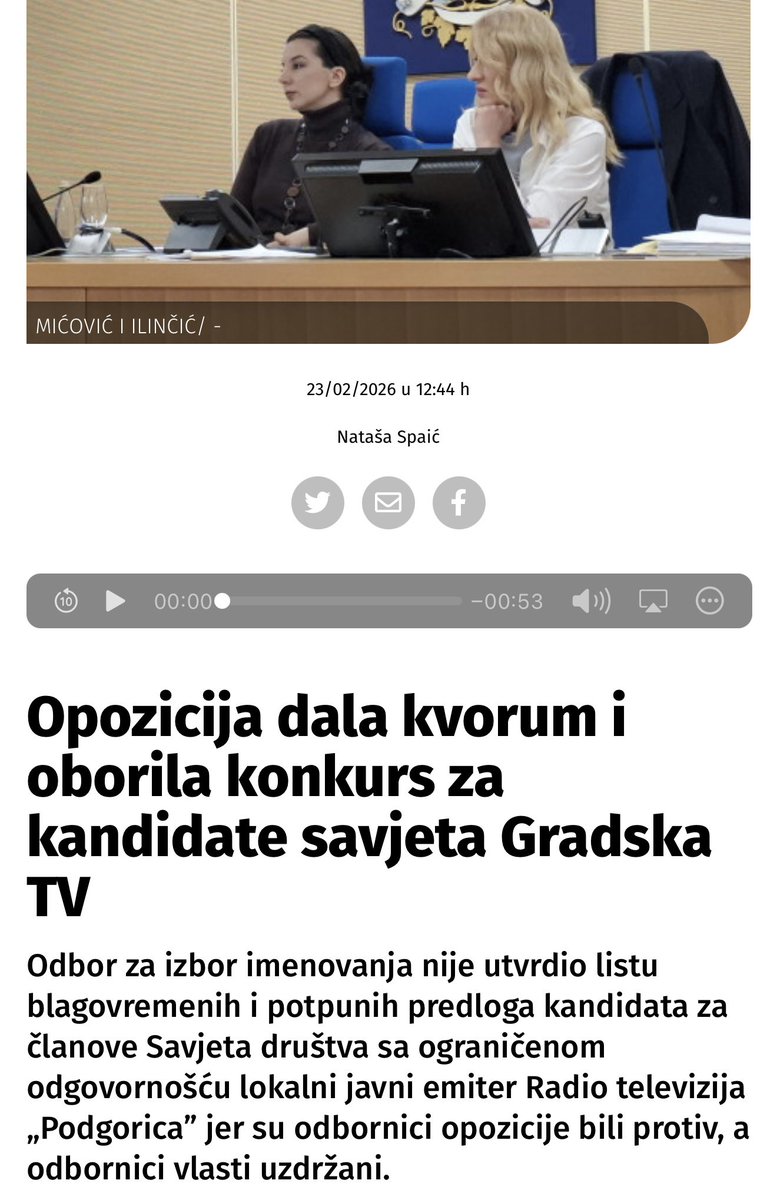 Još jedna potvrda da vlast u Podgorici nema većinu u lokalnom parlamentu.

Podgorica je grad u političkoj blokadi i izvršna vlast nema potrebnu podršku u parlamentu. 

Nastavlja se duboka politička kriza koja je počela još imenovanjem gradonačelnice Olivere Injac. #3godinekrize
