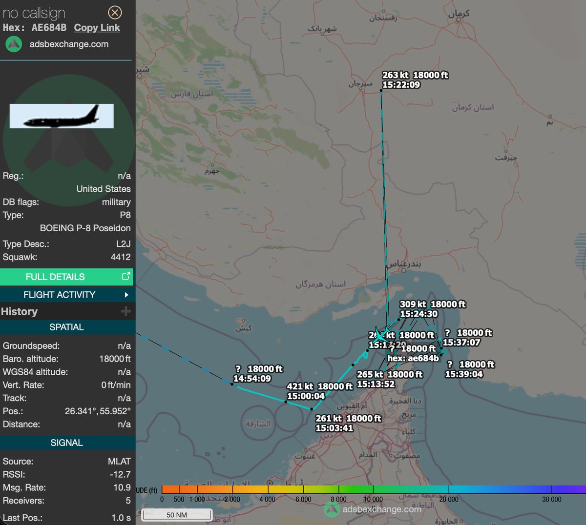 hey_itsmyturn's tweet image. #USN 🇺🇸  P-8A Poseidon (AE684B) on #ISR #AsUW mission over the Strait of Hormuz  

(Please don't BS about that track over Iran, it's nothing but an ERROR, likely due to GPS interference or receiver issue)
