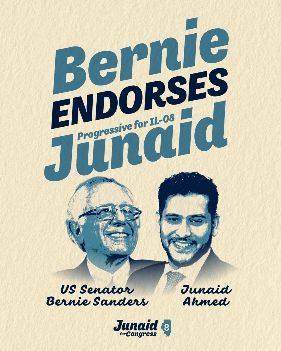 JunaidForUs's tweet image. I could not be more honored to announce that Senator @BernieSanders has endorsed our campaign to put people before Wall Street in the 8th Congressional District. 

Bernie is a lifelong fighter for progressive values, and I am honored to take his message that healthcare is a human