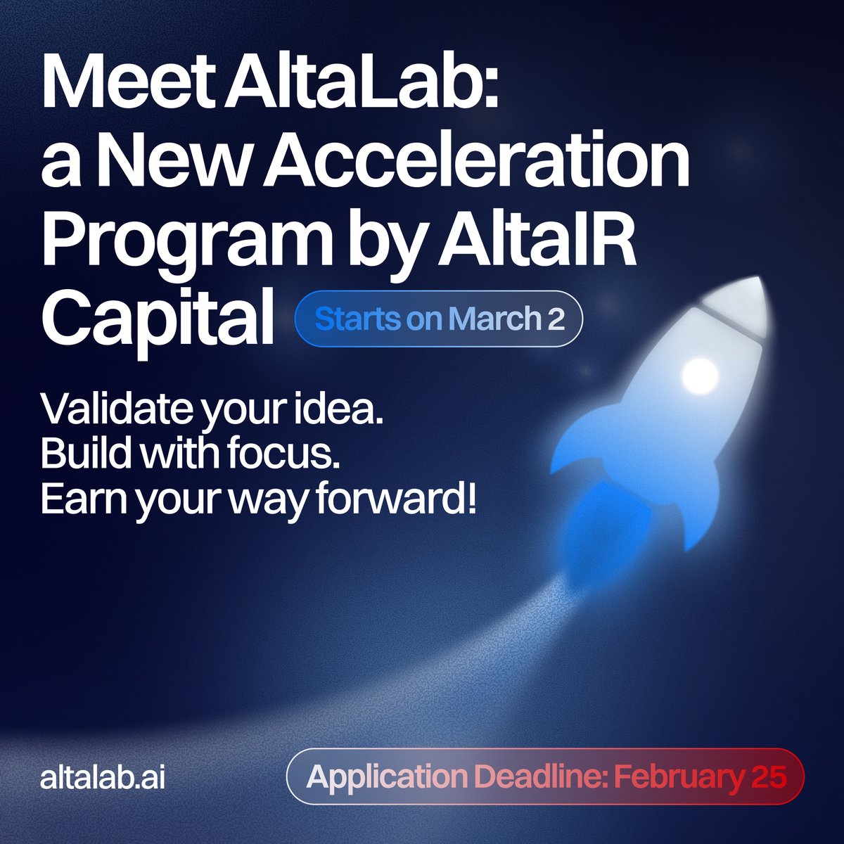 AltaIR Capital launches AltaLab - a hands-on program for early-stage founders starting March 2 🚀

2-week online sprint → offline bootcamp → ongoing support + investor intros, with potential funding from $50K–$500K.

Apply by Feb 25: altalab.ai/modules/module…