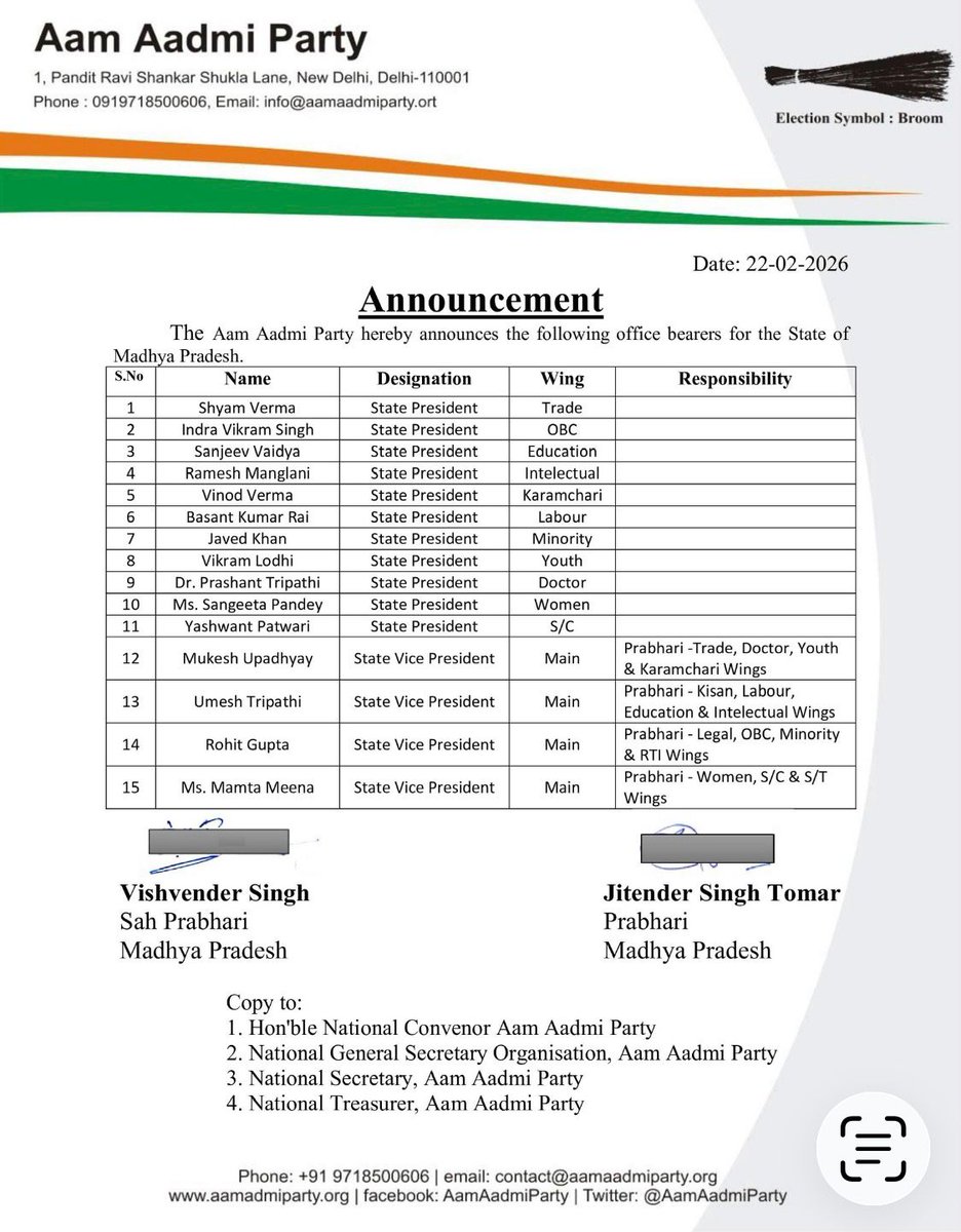 AAPMPOfficial's tweet photo. Announcement💫💫💫

प्रदेश प्रभारी माननीय @JSTomarAAP  जी ने AAP मध्यप्रदेश की 153 सदस्यों की प्रदेश कार्यकारिणी की घोषित।

 सभी नवनियुक्त पदाधिकारियों को हार्दिक बधाई।

🌺🌺🌺����🌺🌺🌺🌺🌺🌺🌺🌺🌺🌺

#AAPforMP 
@ArvindKejriwal https://t.co/vrVmOnKagx