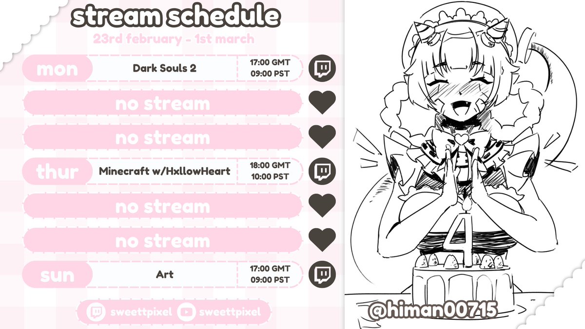 sweettpixel's tweet photo. 🎀This Week's Schedule🎀
Streaming anniversary over! But the streams aren't, we have a fun week ahead with a collab with @CrystalHeartD and I'll also be trying to draw a low poly Spheal using oil pastels (✿◡‿◡)
https://t.co/zuFWJxpKUU https://t.co/S4BW3bnexe