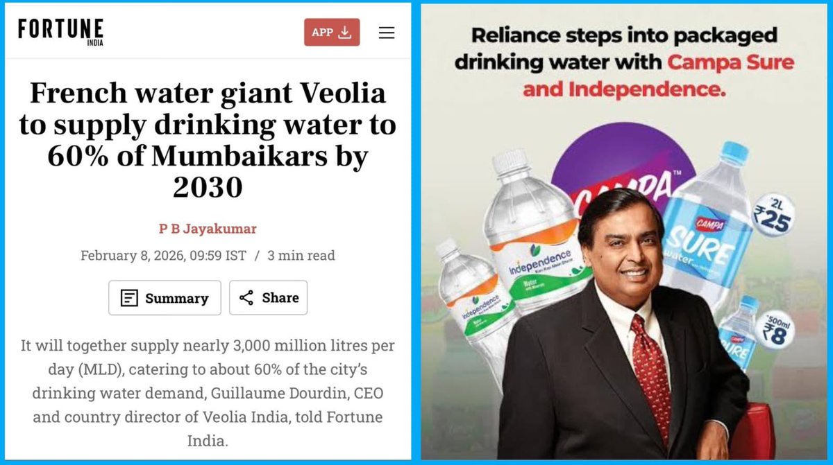😂 Oh look — the final mask just hit the floor with a splash!

French water giant Veolia quietly bags the contract to supply 60% of Mumbai’s drinking water by 2030 (3,000 million litres a day).

At the exact same time, Mukesh Ambani — fresh from his 2025 blockbuster entry into