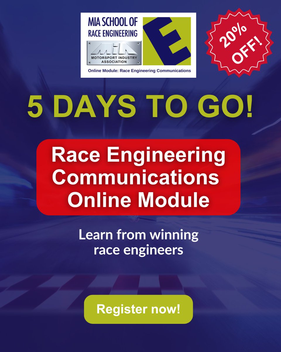 Just 5 days to go!
There’s still time to register for our Race Engineering Communications Module and take your skills to the next level
Enjoy 20% off when you register with code social20
Don’t miss out on this chance to enhance your knowledge
Register here bit.ly/41IsK6X