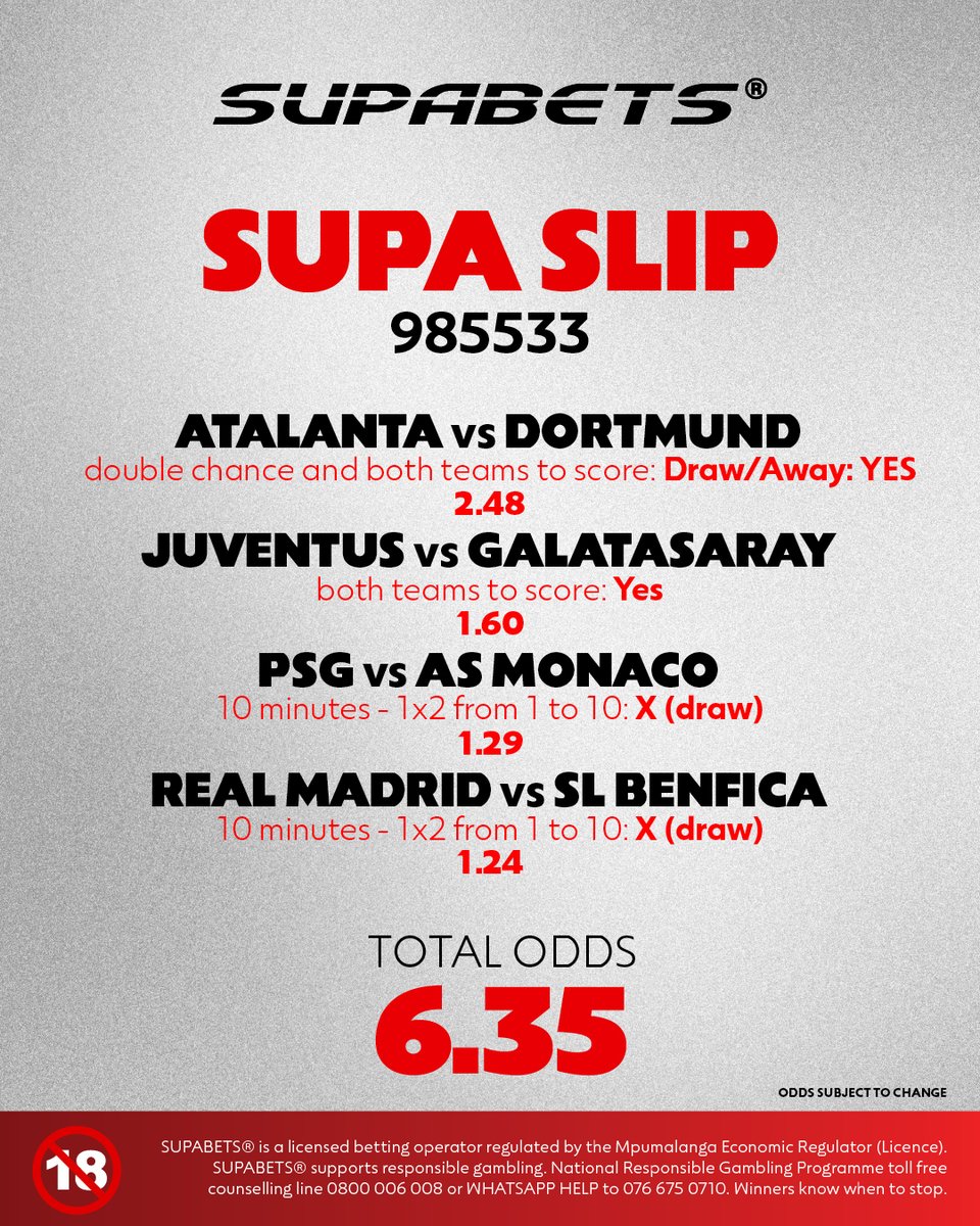 Supabets_mzansi's tweet photo. ⚽️CHAMPIONS LEAGUE KNOCKOUT ROUND - LEG 2️⃣😎
ARE WE GOING TO SEE FURTHER DRAMA AT THE BERNABEU TONIGHT🥺
👉 CODE9️⃣8️⃣5️⃣5️⃣3️⃣3️⃣✅
👉 https://t.co/rpHlHkSMc4 ✅
#ChampionsLeague2026 #ucllast16 #Supabets
18+ | Bet Responsibly https://t.co/VXpHQzg3pU