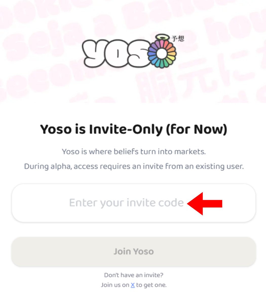 Yoso: 15 Invite Codes Giveaway 🎁🎉

We’re back with the second batch of our Yoso invite code giveaway.

In this round, 15 exclusive invite codes will be distributed to our supporters.

✅ Follow <a href="/yososocial/">Yoso 👁️ - Social Prediction</a> 
✅ Follow <a href="/Cryptogirl1112/">Getrich.Sui</a> 
✅ Like, Repost, and Comment