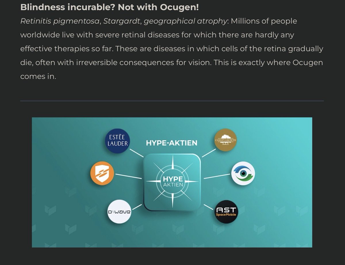 BRexNew's tweet photo. #Blindness #CurableDisease
Lead investor was RTW Investments, a renowned US healthcare specialist.
https://t.co/jD9Ck06eyV
#GeneTherapy #SeeTheFuture #MakeAmericaSeeAgain
#OCU400 $OCGN https://t.co/Nd4Dv2YTZf