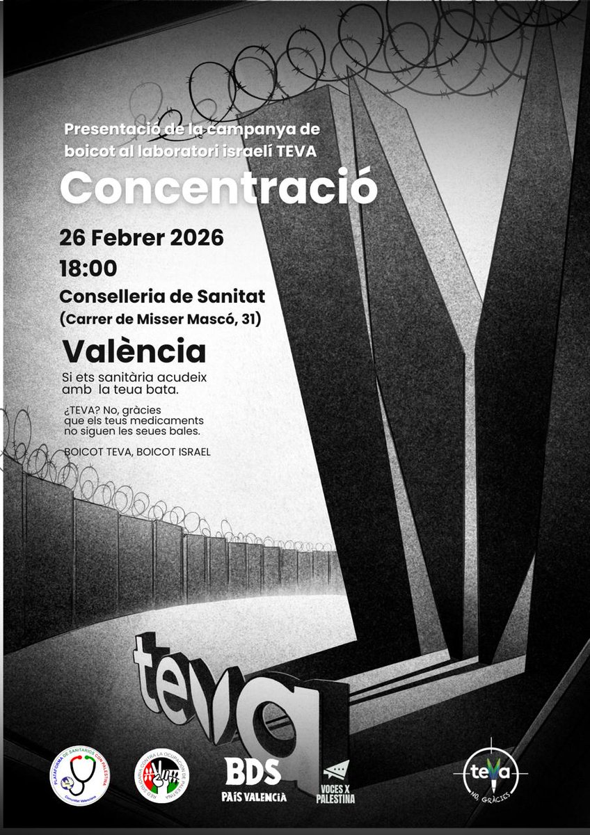 CGTvalencia's tweet image. Hay muchas empresas que pertenecen al lobby #sionista que financian el genocidio en Palestina matando a miles de personas. #TEVA es un laboratorio farmacéutico que colabora con el Ejército israelí, perpetúa el #apartheid y se beneficia de la ocupación, ¿vamos a mirar a otro
