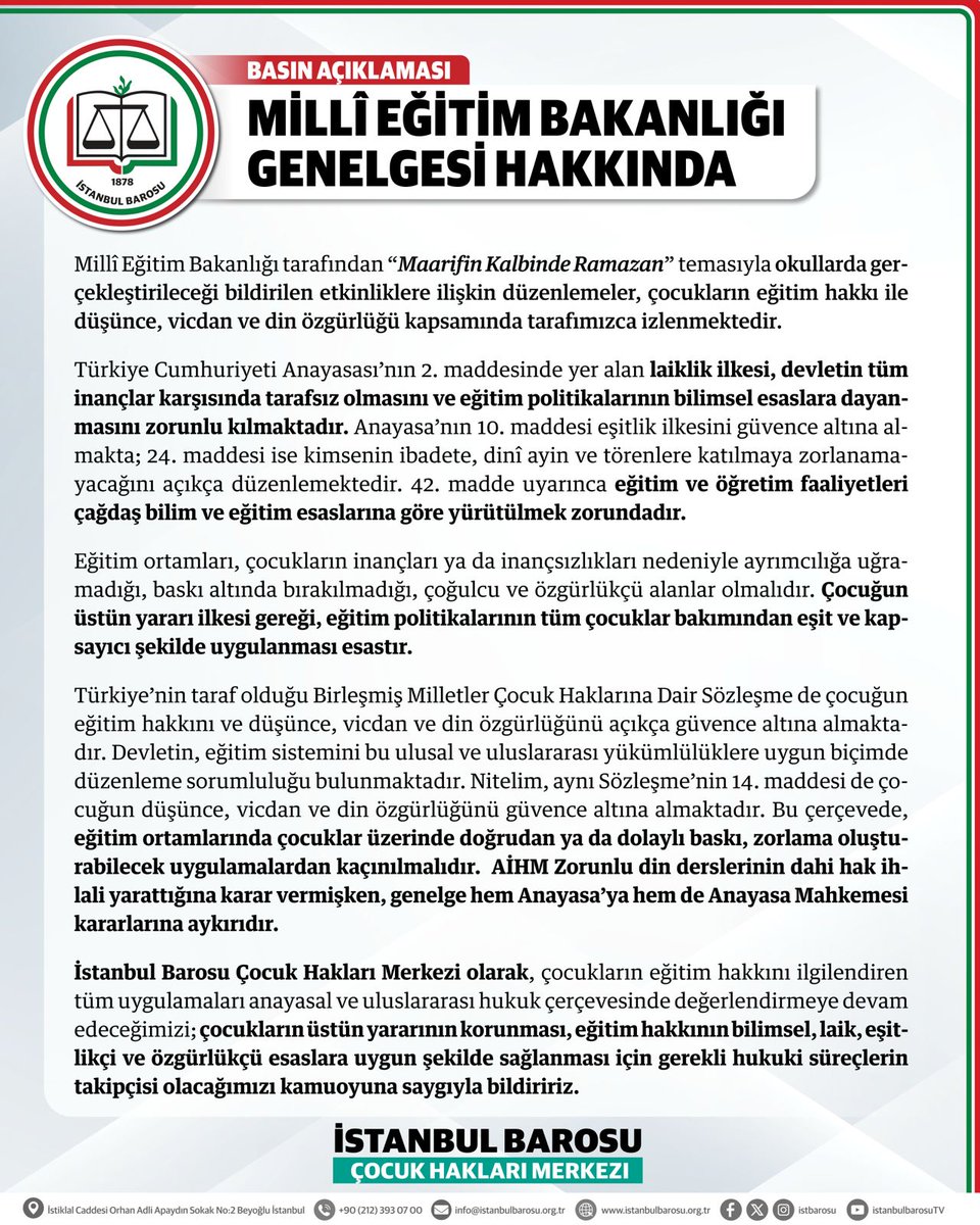 BASIN AÇIKLAMASI: MİLLİ EĞİTİM BAKANLIĞI GENELGESİ HAKKINDA