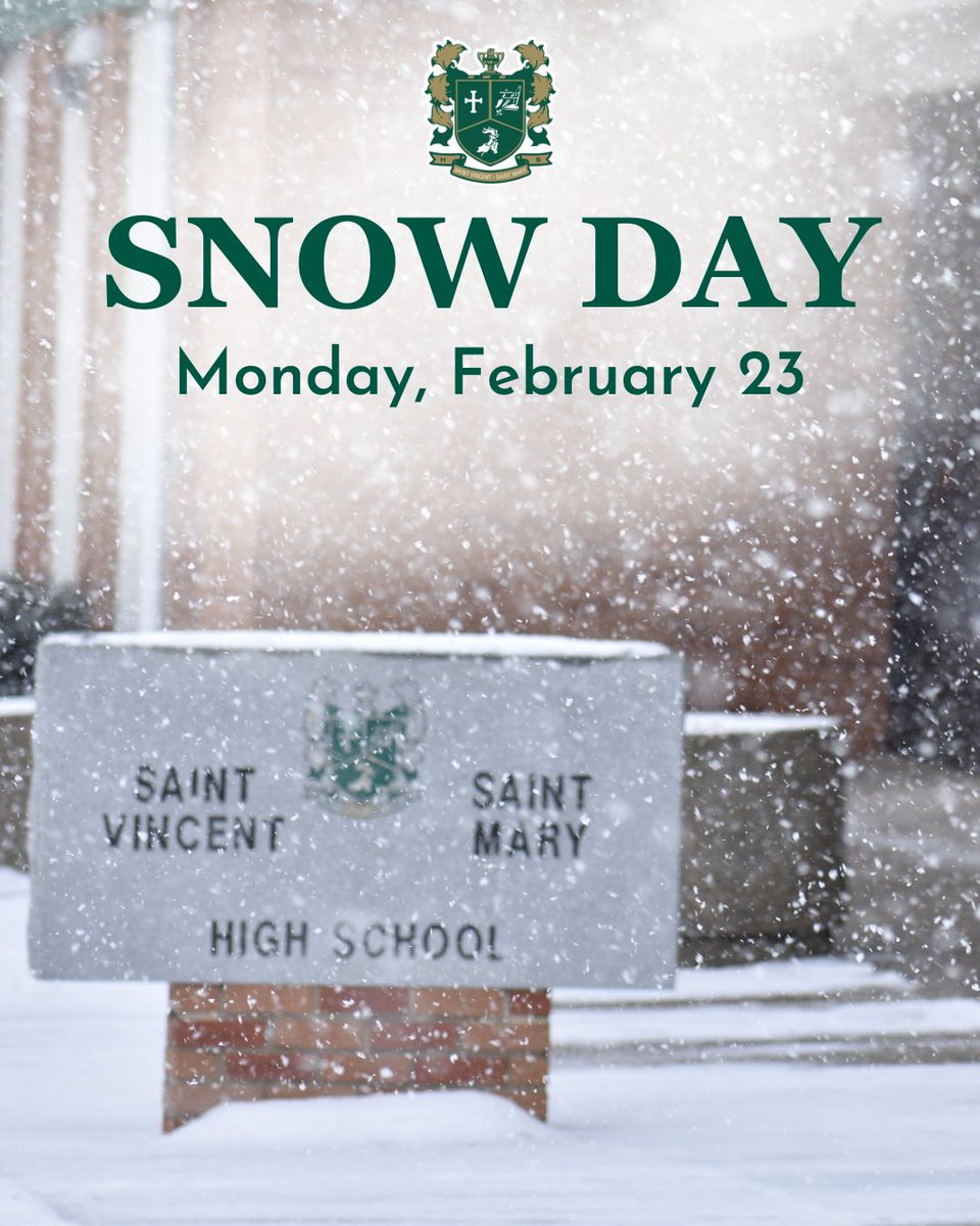 stvmirish's tweet image. Due to deteriorating snow conditions, STVM will be closed today, Monday, February 23.
A decision regarding after-school activities will be made later today. Please connect directly with your coach or club moderator for updates.
Stay safe, Irish! ☘️ 
#SnowDay #STVM #STVMFamily