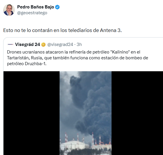 Pedro Baños esta indignado contra el ataque de Ucrania a una refinería en Rusia,pero mientras ha estado calladito ante los bombardeos a población civil por parte de Rusia que han asesinado a civiles y que ha  dejado sin calefacción a Ucrania .