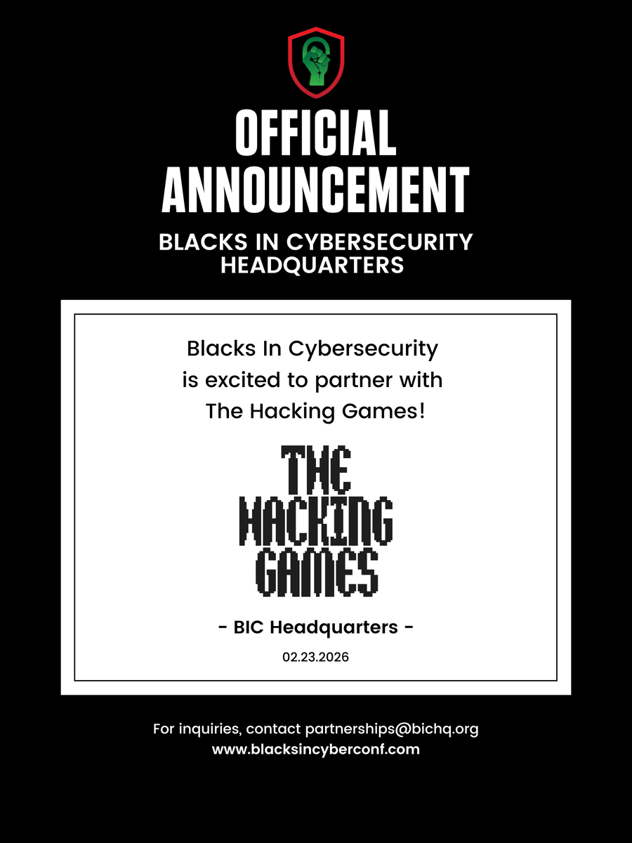 BlackInCyberCo1's tweet photo. 📢 We’re proud to announce a new partnership, this collaboration reflects our mission to expanding access and opportunity within the cybersecurity community. Updates will be shared soon!
👾 : https://t.co/aVfHZBDvxp
#BlacksInCyber #TheHackingGames #HackingGames https://t.co/WLiAUkbKLV