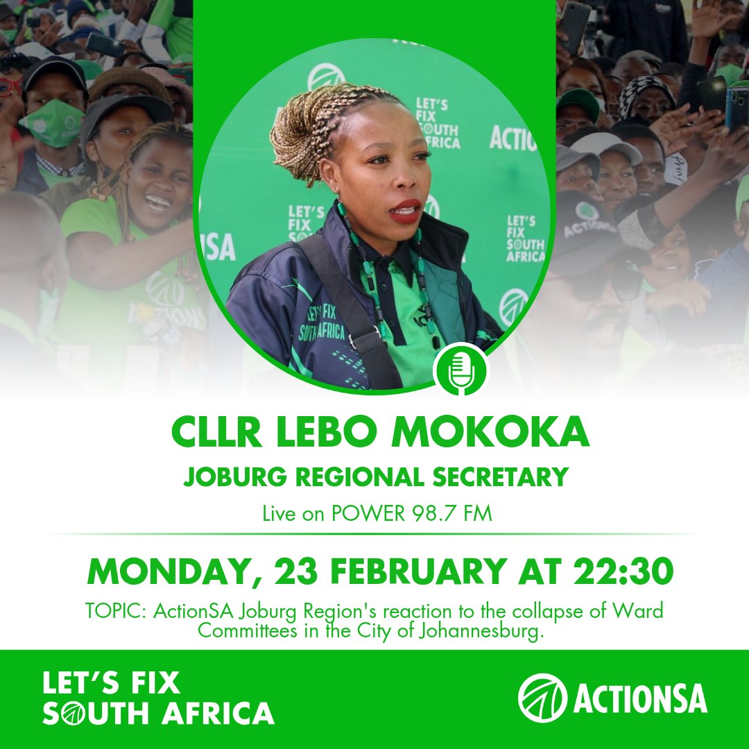 [INTERVIEW] 

Catch ActionSA Johannesburg Regional Secretary <a href="/LeboMokokajhb/">Cllr Lebo Mokoka</a> LIVE on <a href="/Powerfm987/">POWER 98.7</a> tonight at 22:30 discussing the collapse of Ward Committees in the City of Johannesburg. 

#FixLocalGovt 
#ReadyForAction