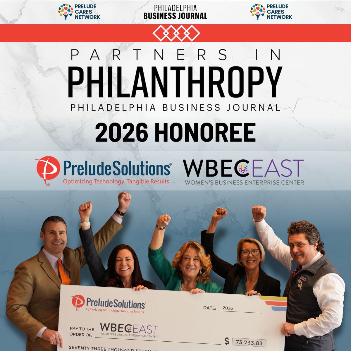 PreludeSolution's tweet photo. As we approach our 10-year anniversary, this moment means even more.

Prelude Solutions has been named a 2026 Partners in Philanthropy Award Honoree by The Philadelphia Business Journal, recognized alongside WBEC-East for the impact generated through the Prelude Cares Network. https://t.co/VCza44rlhk