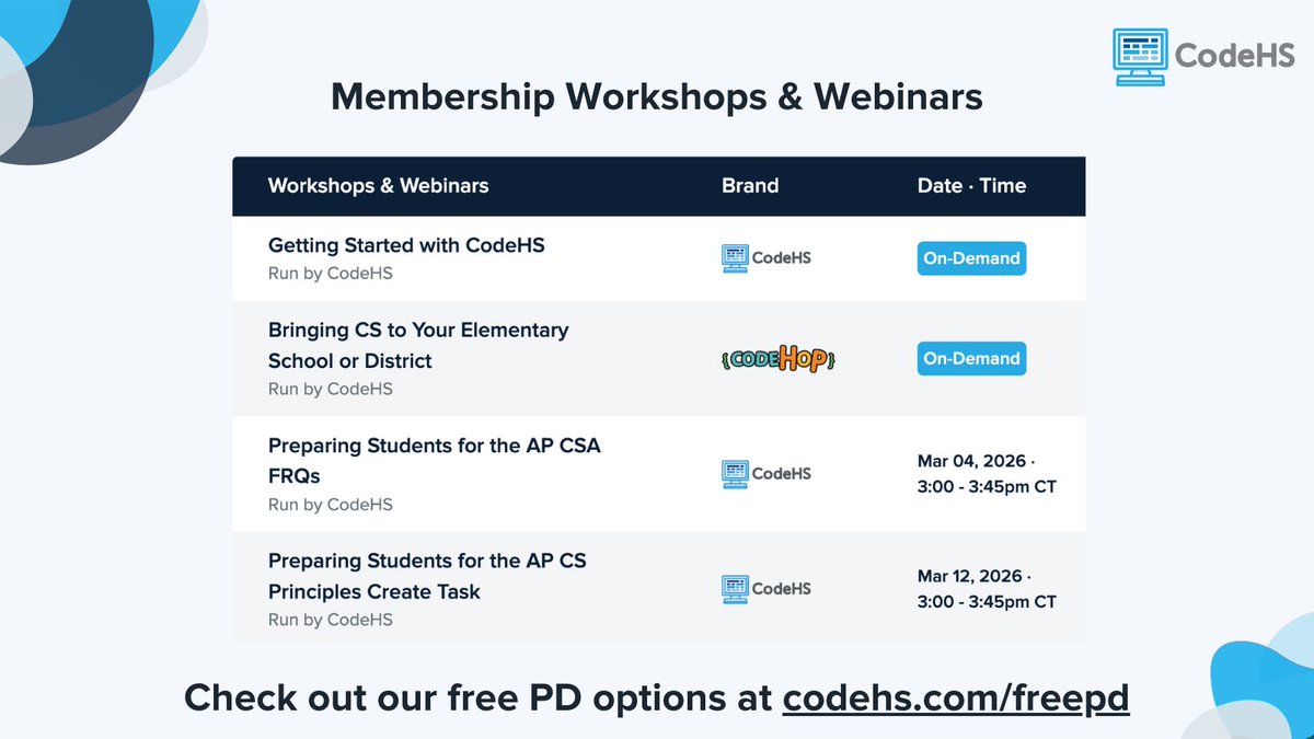 CodeHS's tweet photo. Calling all new and experienced computer science teachers! 💻We invite you to check out our free live and on-demand virtual events hosted by the CodeHS team and CodeHS teacher trainers. View the schedule at https://t.co/dkXR9HLcvt

#ProfessionalDevelopment #Webinar #CodeHS https://t.co/oBZE3LNpZ3