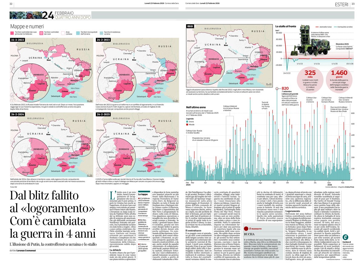 L'anniversario dei 4 anni della guerra in Ucraina. La storia raccontata nelle mappe e il grafico degli attacchi russi #Ucraina <a href="/Corriere/">Corriere della Sera</a>