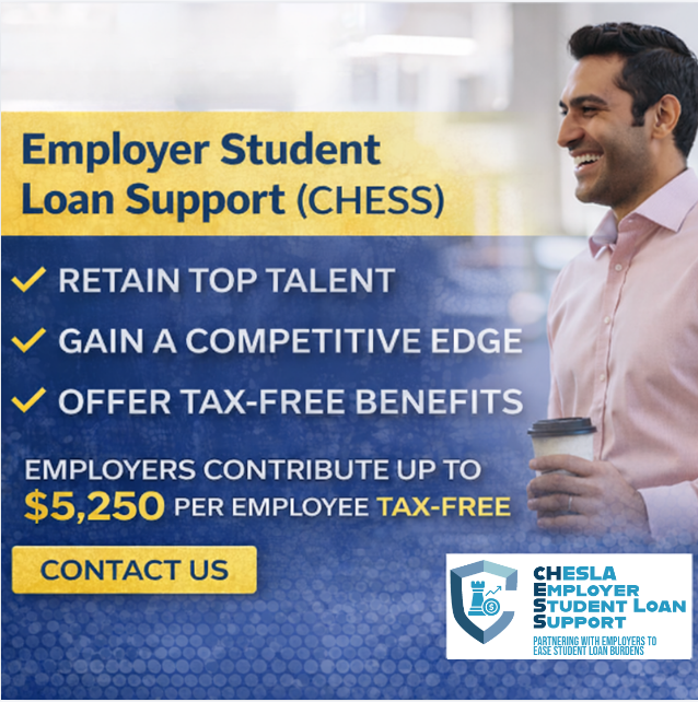 CHESLALoans's tweet photo. Attract and retain top talent with student loan support through CHESS — contribute up to $5,250 per employee tax-free.
#CHESLA #CHESS #EmployerBenefits #WorkforceSupport https://t.co/yNKAiVHb3i