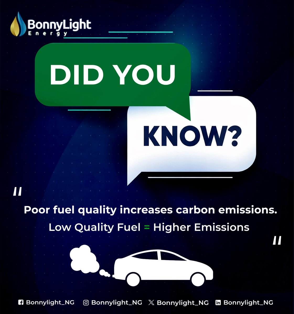 Bonnylight_NG's tweet photo. Did you know poor fuel quality can increase carbon emissions and damage your engine over time? Energy isn’t just about supply, it’s about standards. 

#FuelQuality
#CleanEnergy
#OilAndGas
#EnergyMatters
#SustainableEnergy https://t.co/zFTMug0rxB