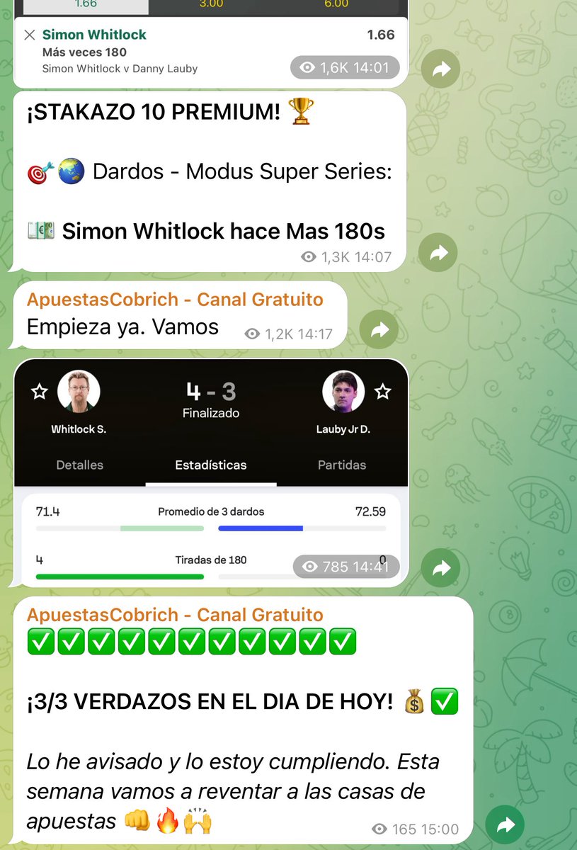 ✅✅✅✅✅✅✅✅✅✅✅

¡3/3 VERDAZOS EN EL DIA DE HOY! 💰✅

Lo he avisado y lo estoy cumpliendo. Esta semana vamos a reventar a las casas de apuestas 👊🔥🙌

t.me/+sSxszNSjiRhkM…