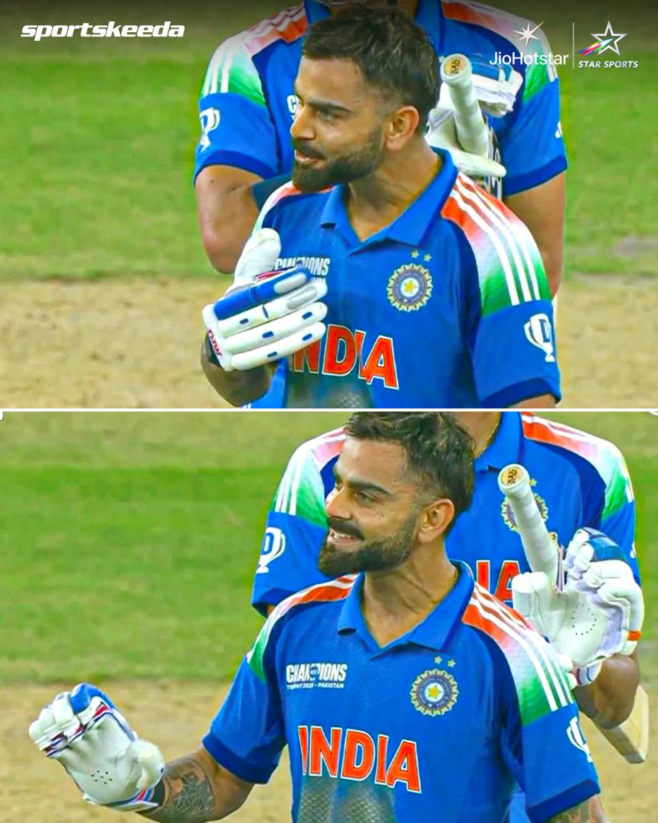 Sportskeeda's tweet image. On this day in 2025, Virat Kohli brought out the 𝑪𝑨𝑳𝑴𝑨 celebration after a match-winning hundred against Pakistan in the Champions Trophy 🔥🫳

#ViratKohli #INDvPAK #OTD #Sportskeeda