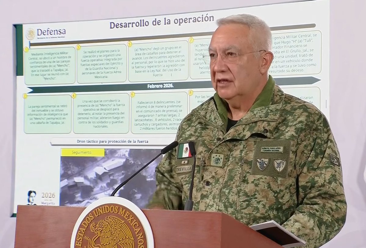 🗳️📌 ASÍ CAE “EL MENCHO”, SEGÚN EL GENERAL TREVILLA

El general Trevilla dijo que el operativo empezó el 20 de febrero con inteligencia militar.

Ubicaron a un hombre cercano a una pareja sentimental de “El Mencho”.

La mujer llegó a unas cabañas en Tapalpa y ahí se reunió con