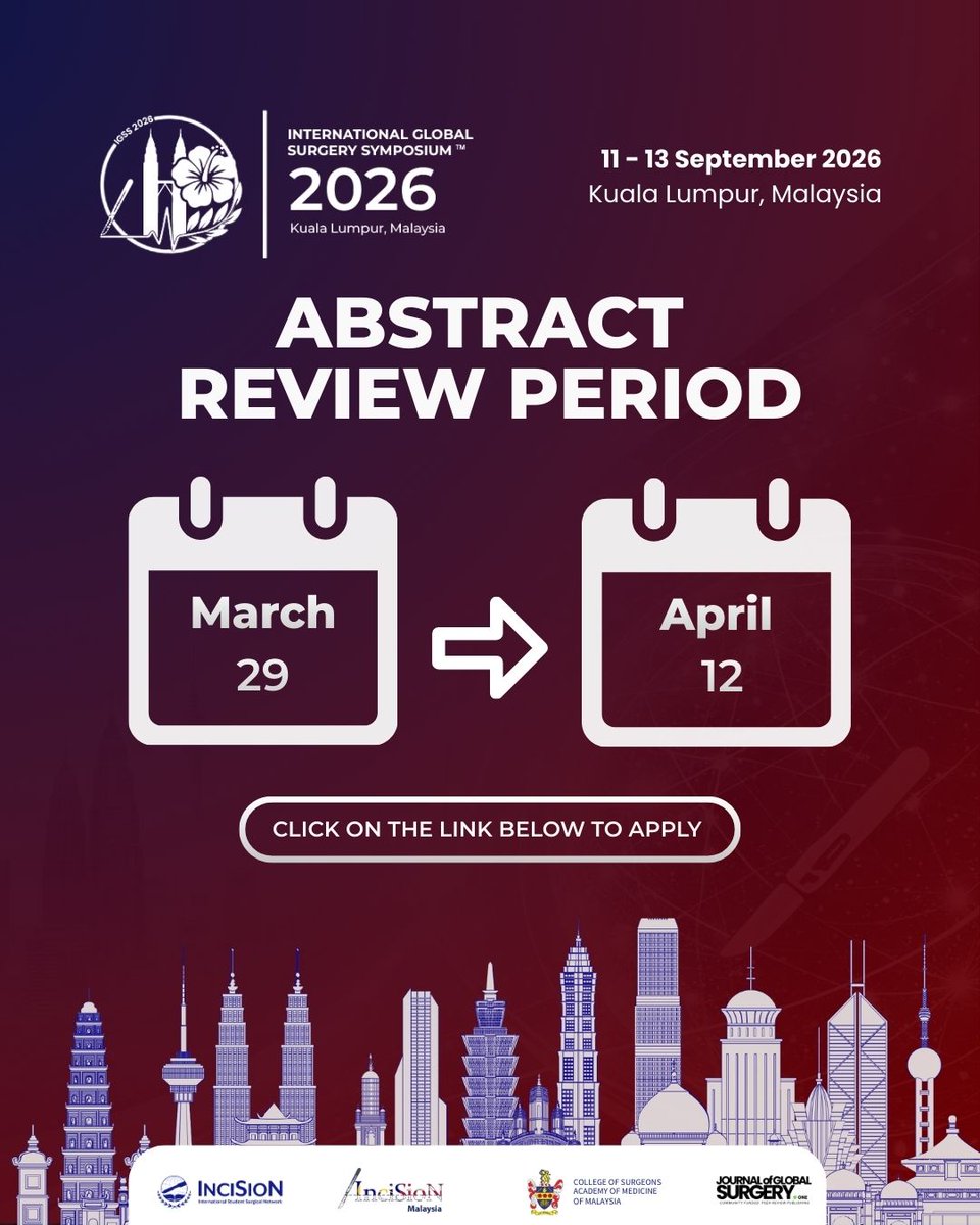 IGSS_InciSioN's tweet photo. Help shape science at IGSS 2026!
We’re inviting clinicians, researchers &amp; academics to join our Abstract Reviewer Panel.

📅 Deadline for application: 22 March 2026
Apply here:
https://t.co/GCbyZBE8nD

#IGSS2026 #InciSioNMalaysia #InciSioN #GlobalSurgery #CallForAbstractReviewers https://t.co/aIh7HrzTkF