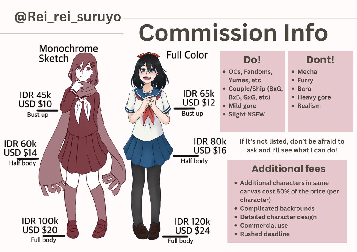 Rei_rei_suruyo's tweet photo. ✨LOCAL &amp; INTERNATIONAL COMMISSION OPEN✨

My DMs are always open if you want to ask or discuss before commissioning!

#commissionsopen #artistidn #inaart #zonakarya #artidn #zonakaryaid #commsopen #arttwt #zonauang #commission #artcommissions https://t.co/04DzuKkdeK