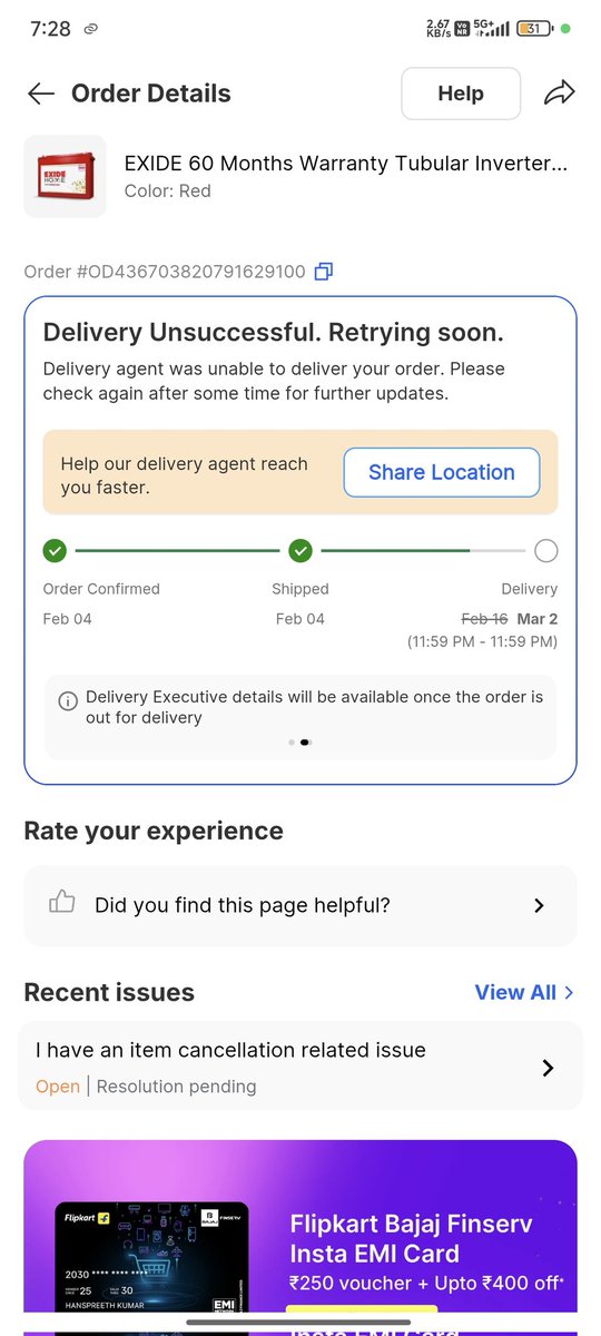 Dynamo38644779's tweet photo. What’s going on, Flipkart? Ordered an Exide battery on 4th Feb. Delayed 4 times. Now told to wait till 2nd March. And cancellation/refund isn’t even allowed? This is beyond unprofessional. Either deliver immediately or process my refund.

#Flipkart #OrderDelay #RefundIssue https://t.co/ndWl0OeNWZ