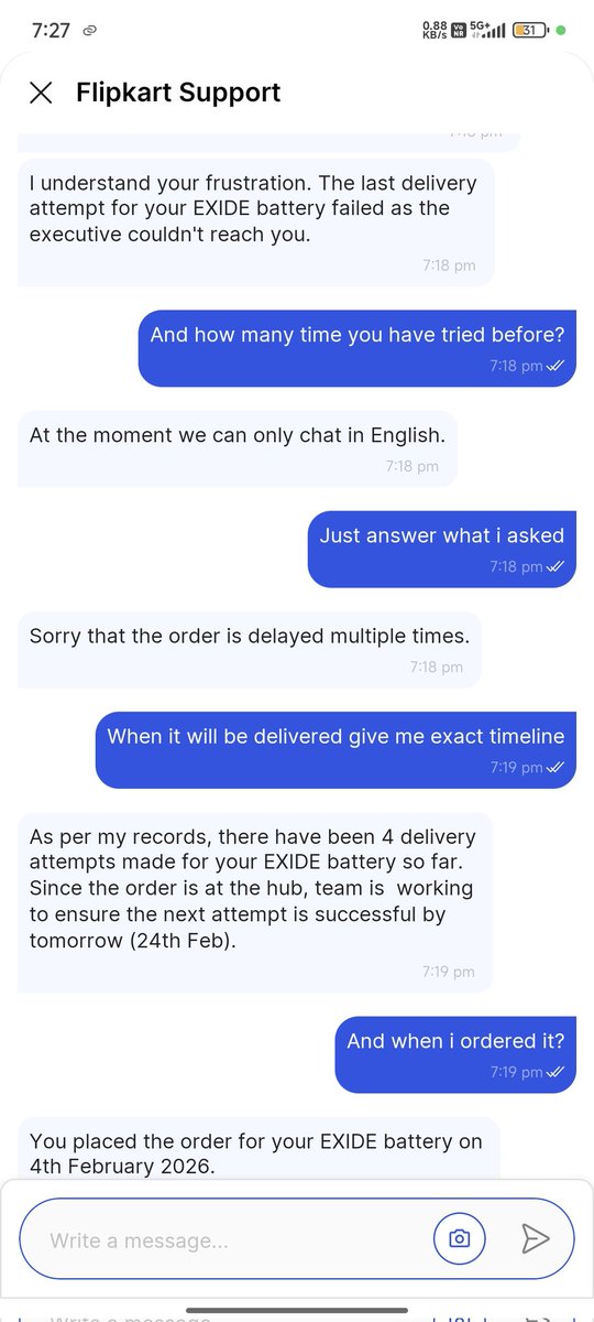 Dynamo38644779's tweet photo. What’s going on, Flipkart? Ordered an Exide battery on 4th Feb. Delayed 4 times. Now told to wait till 2nd March. And cancellation/refund isn’t even allowed? This is beyond unprofessional. Either deliver immediately or process my refund.

#Flipkart #OrderDelay #RefundIssue https://t.co/ndWl0OeNWZ