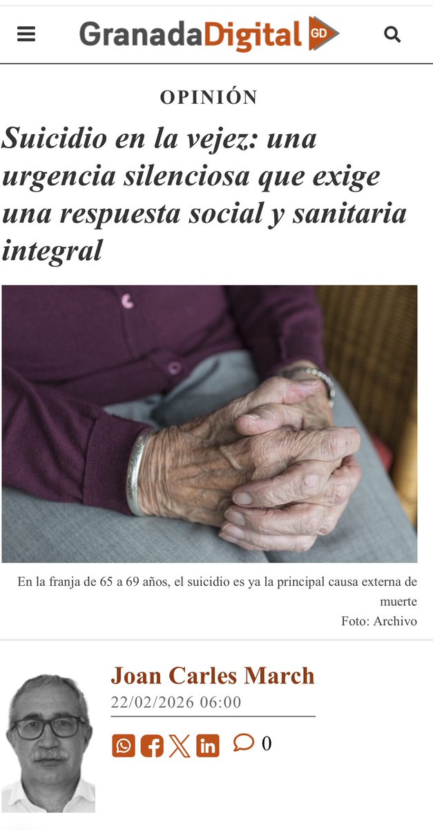 ➡️ #Suicidio en la #vejez: una urgencia silenciosa que exige una respuesta social y sanitaria integral

👉Mi #artículo en <a href="/granadadigital/">GranadaDigital</a>: En la franja de 65 a 69 años, el suicidio es ya la principal causa externa de #muerte

🔴granadadigital.es/opinion-gd-joa…