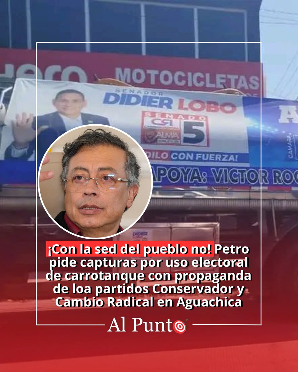 #AlPunto 🎯 ¡Con la sed del pueblo no! Petro pide capturas por uso electoral de carrotanque con propaganda de loa partidos  Conservador y Cambio Radical en Aguachica ⤵️
alpunto.com.co/con-la-sed-del…