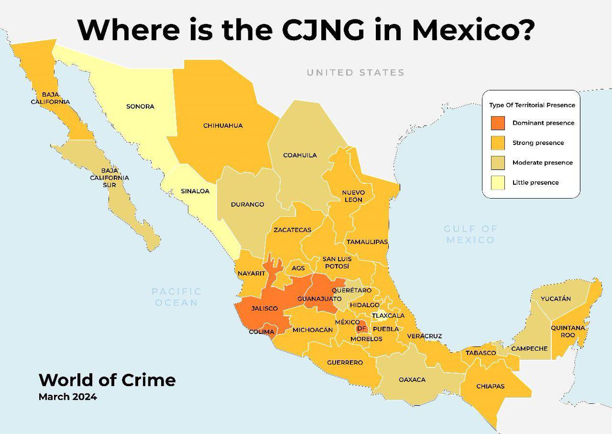 🇲🇽Map showing the presence of the Jalisco New Generation Cartel in different states of Mexico.

A state in the state building up a parallel Government in other words.