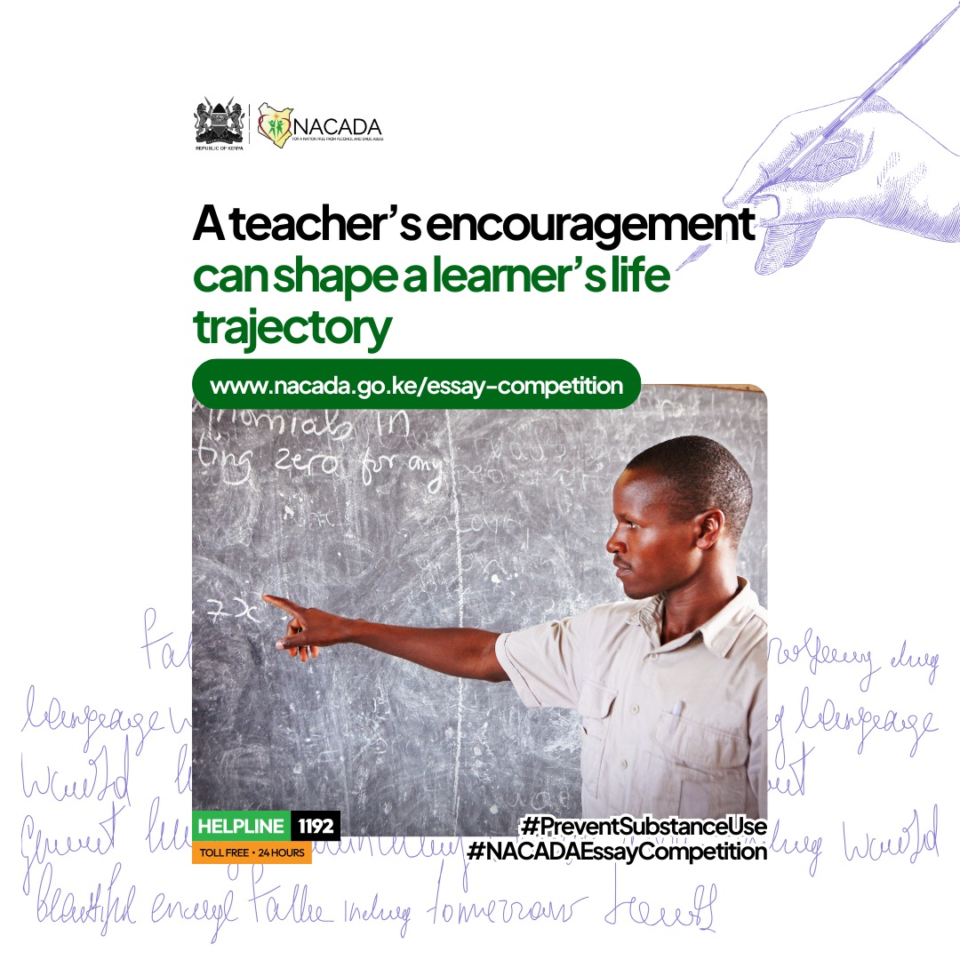A teacher’s encouragement can shape a learner’s life trajectory. 🍎✨

Senior school educators, inspire your students to raise their voice against substance abuse. Our National Essay Competition is their platform.

Read more &amp; access guidelines 👇
nacada.go.ke/essay-competit…