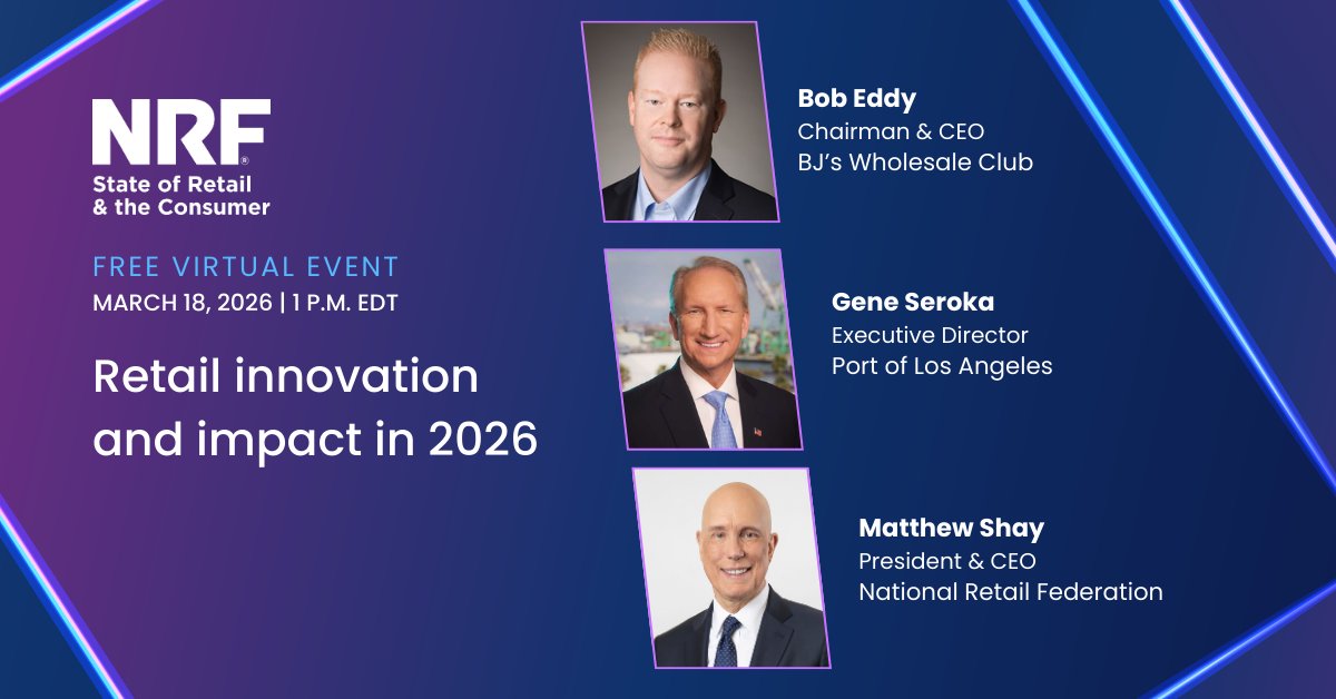NRFnews's tweet photo. Retail leaders share insights on the forces shaping the industry in 2026, evolving consumer demands and how technology and innovation across supply chains and operations are accelerating retailers’ ability to serve customers and communities. Register now: https://t.co/3zeqUtcFdy https://t.co/FUEuFkcMXE