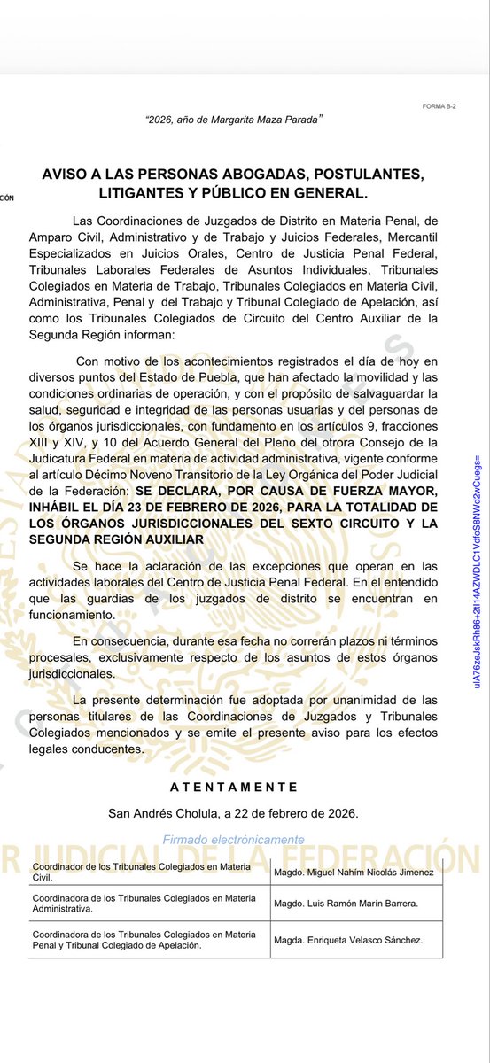 LuccinoCE's tweet photo. El poder judicial de la federación en el sexto circuito #puebla declara inhábil el 23 de febrero 2026, por causas de fuerza mayor. 
#suspension #inhabil #mencho #pjf https://t.co/wyHlZZwiY5