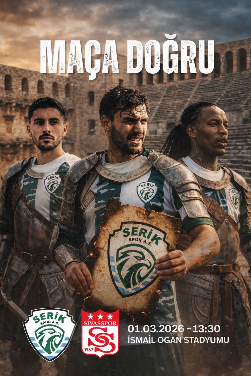 grup1955's tweet photo. MAÇA DOĞRU🟢⚪️

SERİKSPOR’UMUZ – Sivasspor

📅 01 Mart 2026 Pazar
🕜 Saat 13.30
🏟 İsmail Ogan Stadı

Şimdi kenetlenme zamanı!
Bu arma için, bu şehir için, bu mücadele için tribünde yerini al! https://t.co/AKkT1u37JF
