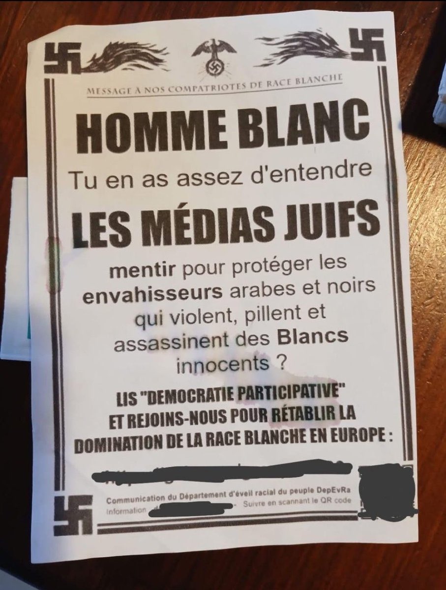 🚨🇫🇷 ALERTE INFO | « Homme blanc, tu en as assez d’entendre les médias juifs mentir pour protéger les envahisseurs arabes et noirs qui volent, pillent et assassinent des Blancs innocents ? »

À Mulhouse, des tracts néo-nazis ont été distribués par des groupes d’ultra droite dans
