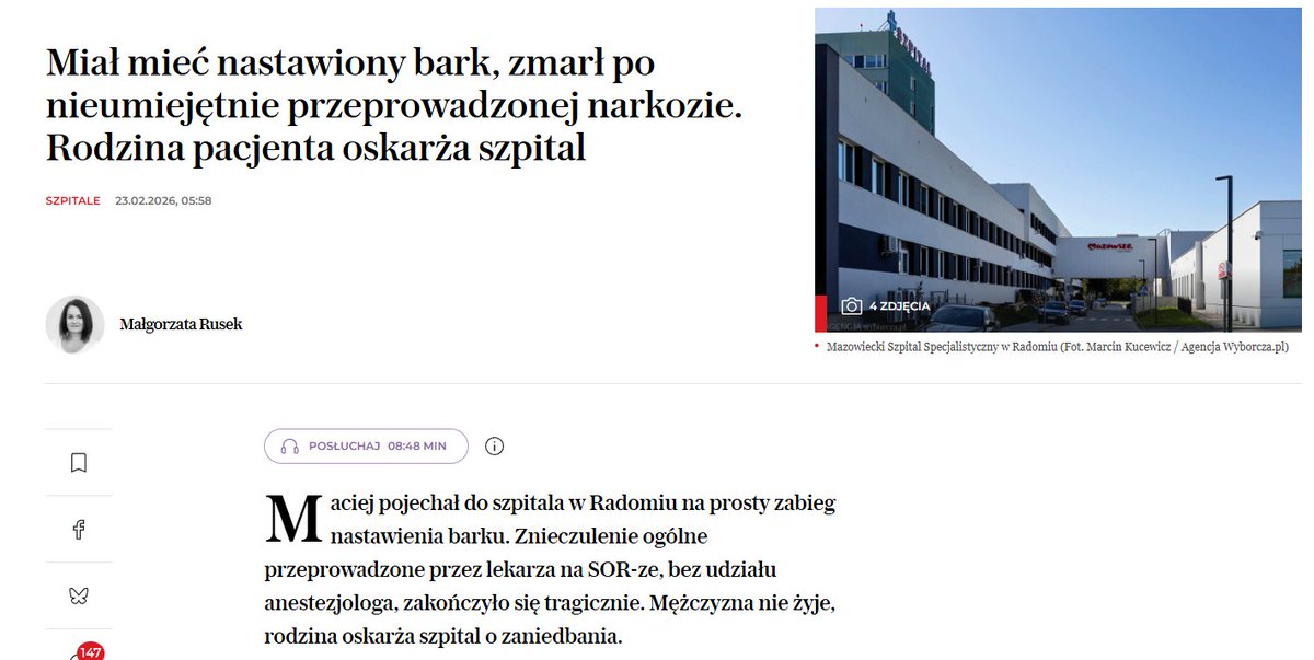 Facet pojechał do szpitala na prosty zabieg nastawienia barku. Nie przeżył. 
Gdyby to zdarzyło się za rządu <a href="/MorawieckiM/">Mateusz Morawiecki</a>, KO i ich końskie farmy trolli zalałaby social-media hasztagiem "PIS zabija Polaków", a <a href="/StrajKobiet/">#StrajKobiet ⚡️</a> i Lewica organizowałyby protesty na ulicach.